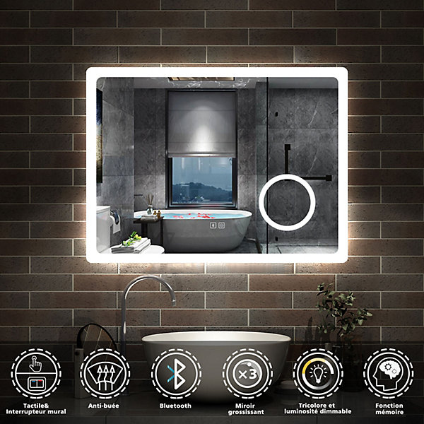 Miroir de salle de bain LED 100x60cm tricolor anti-buée avec bluetooth et loupe 3x,mémoire et lumière gradation, AICA SANITAIRE