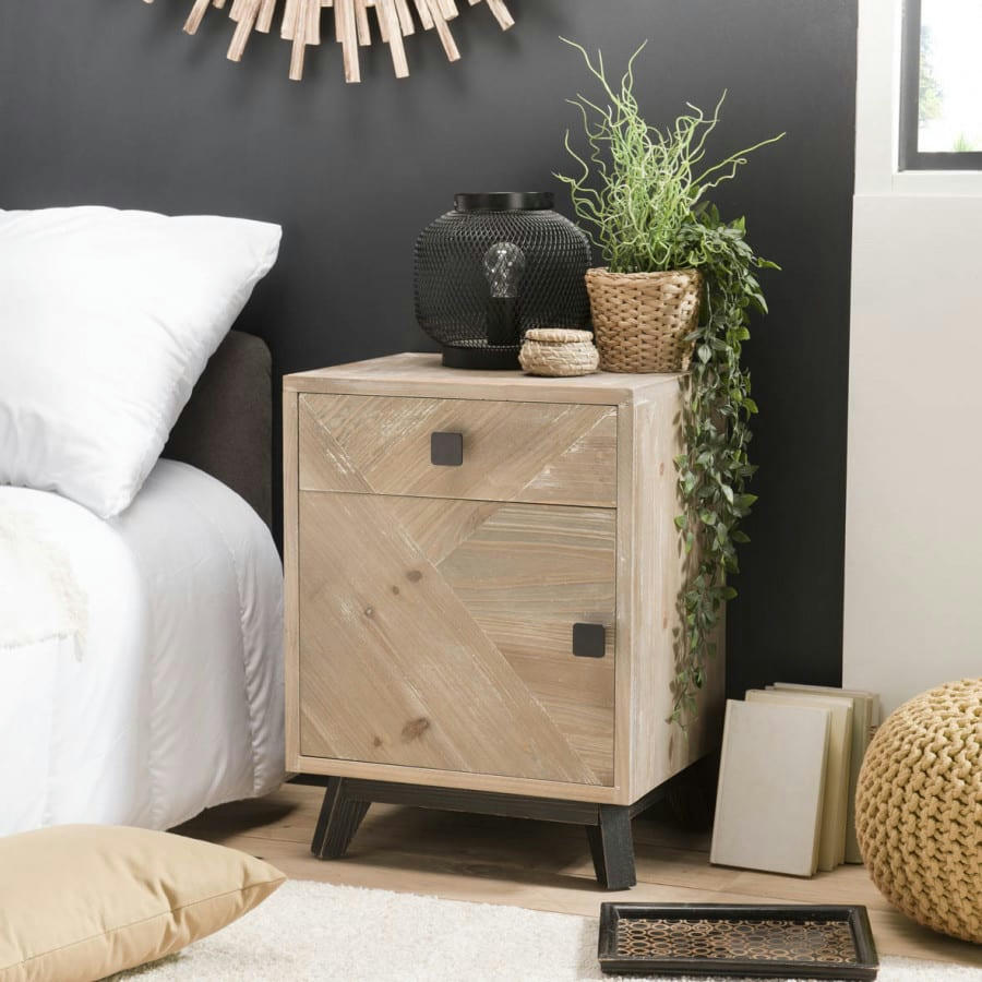 ANDRO - Chevet 1 tiroir 1 porte beige pieds en sapin noir