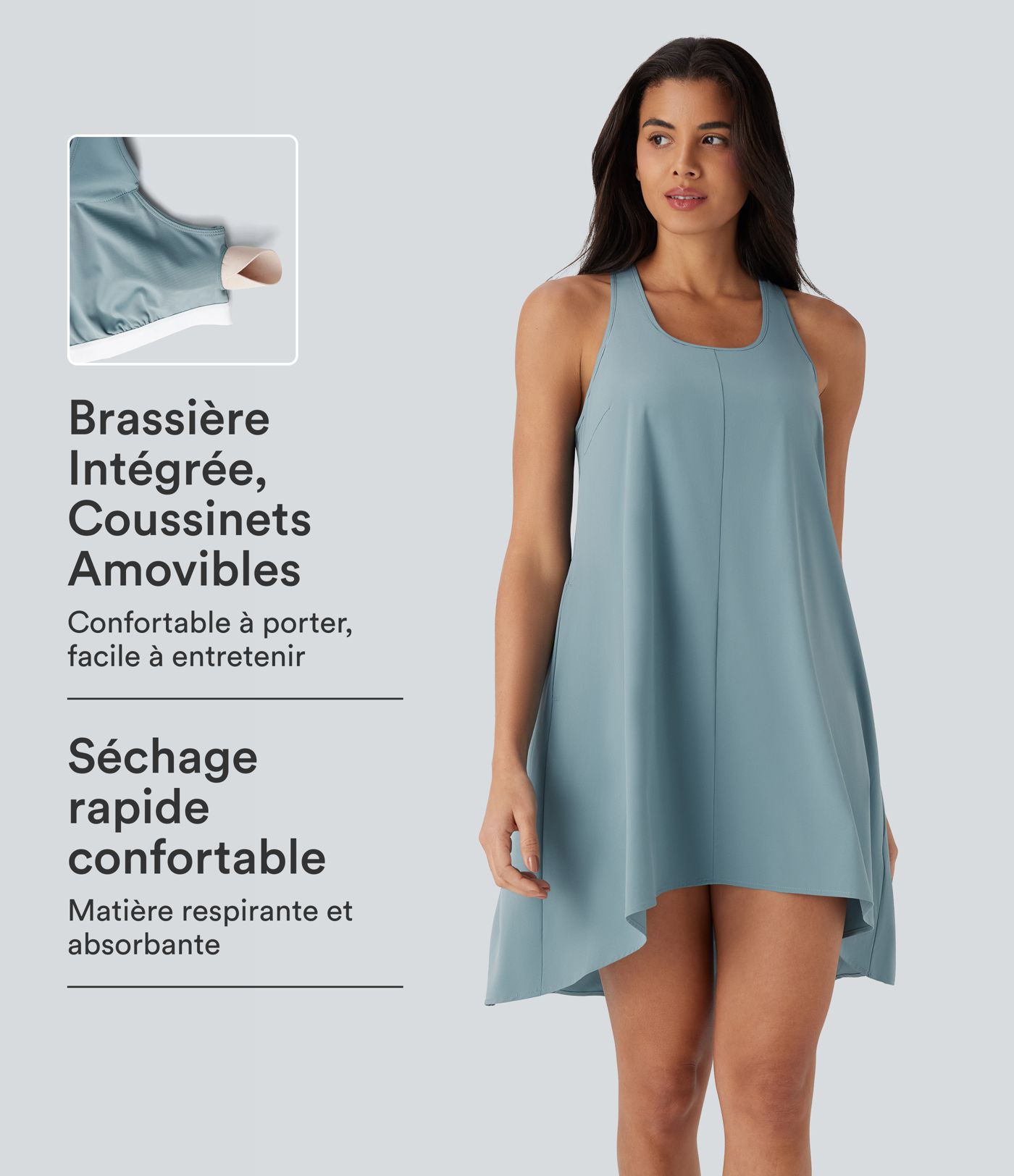 Robe décontractée mini fluide Breezeful™ à dos nageur, poches latérales, ourlet asymétrique et séchage rapide