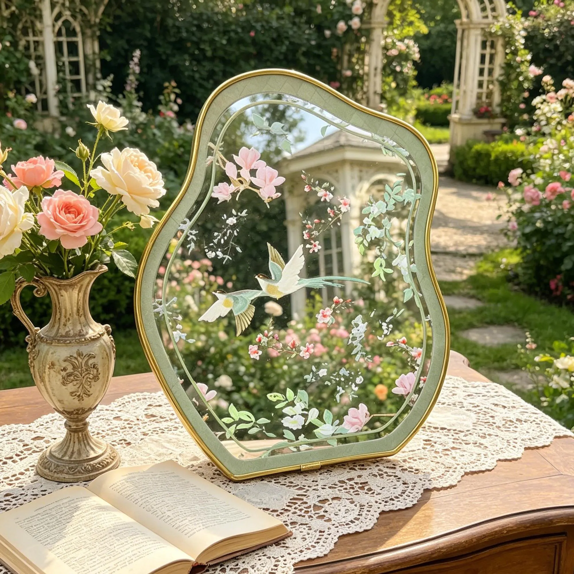 Floral Vintage Style Mirror, Botanical Gold Vanity Mirror, Wavy Aesthetic Desk Decor, Romantic Garden Wall Mirror, Ornate Bird Accent Mirror