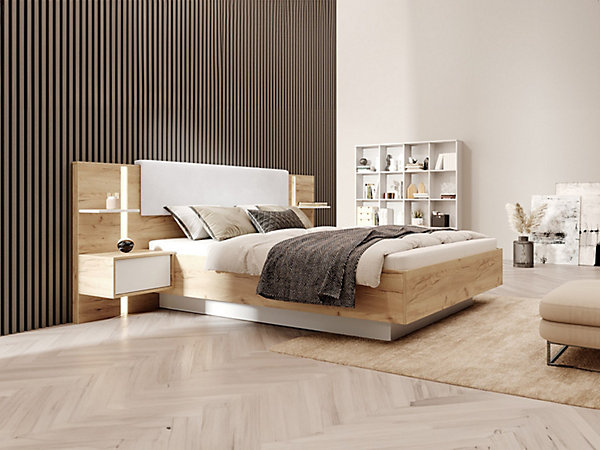Lit avec chevets 160 x 200 cm - Avec LEDs - Coloris : Naturel et blanc   Sommier   Matelas Confort - ELYNIA
