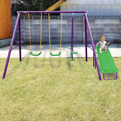 NNEDPE Kahuna Kids 4-Seater Swing Set with Slide Purple Green