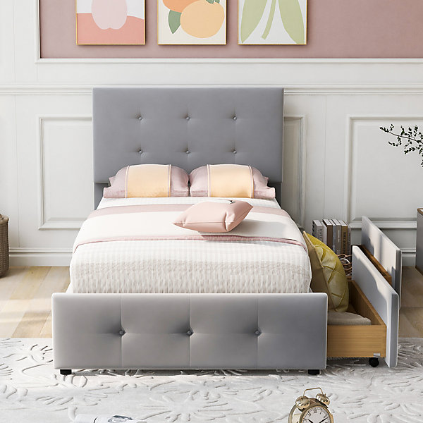 Lit Simple 90x200 cm - avec 2 Tiroirs Pratique, Sans Matelas, Lit Confortable en Velours Gris