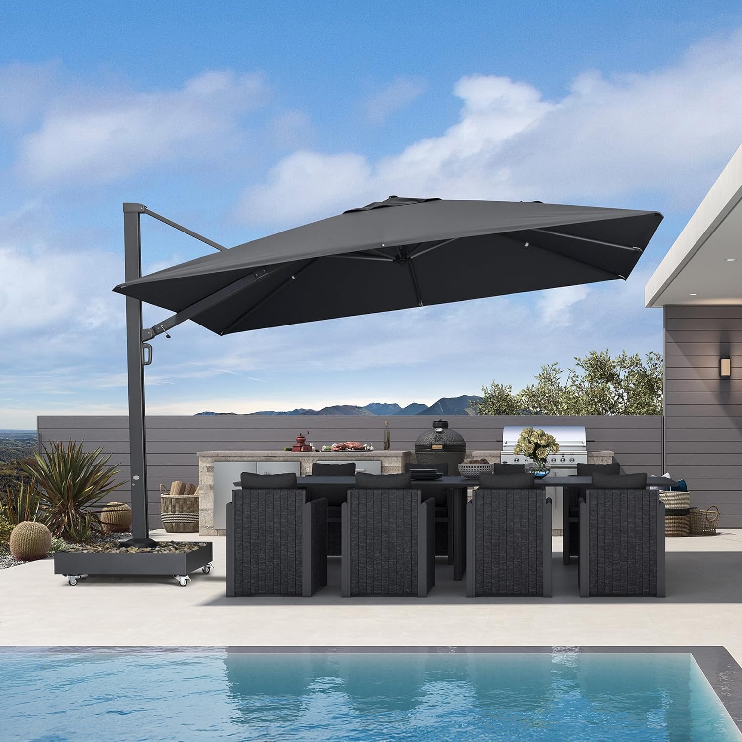 PURPLE LEAF 12' X 9' Space Saving Rectangle Patio Umbrella Large Outdoor Aluminum Offset Umbrella with 360-degree Rotation Cantilever Umbrella for Garden Deck Backyard Pool Grey