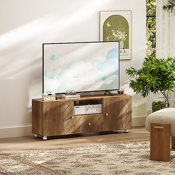 Meuble TV banc TV design - 2 portes, 2 étagères, niche tiroir - effet bois doré