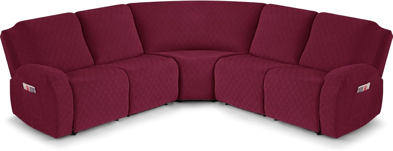 VANSOFY Extra Large Reclining Sectional Couch Covers, Washable 5-Piece Sofa Covers for L Shape Sectional Sofa Corner Seater, Thick, Soft Sofa Slipcovers (5 Seat Recliner Cover, Burgundy)