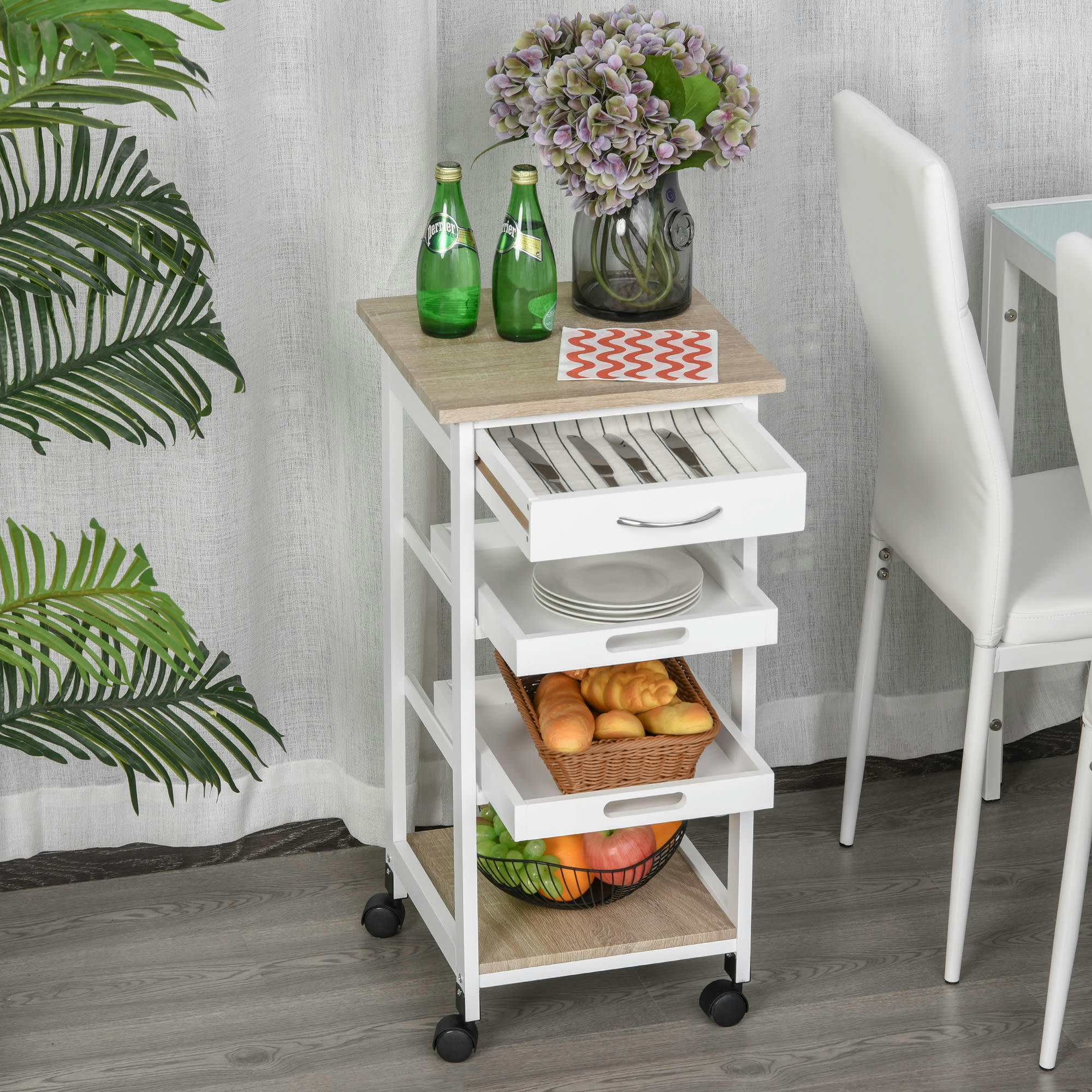 - Desserte cuisine panier plateaux amovibles tiroir étagère chêne clair