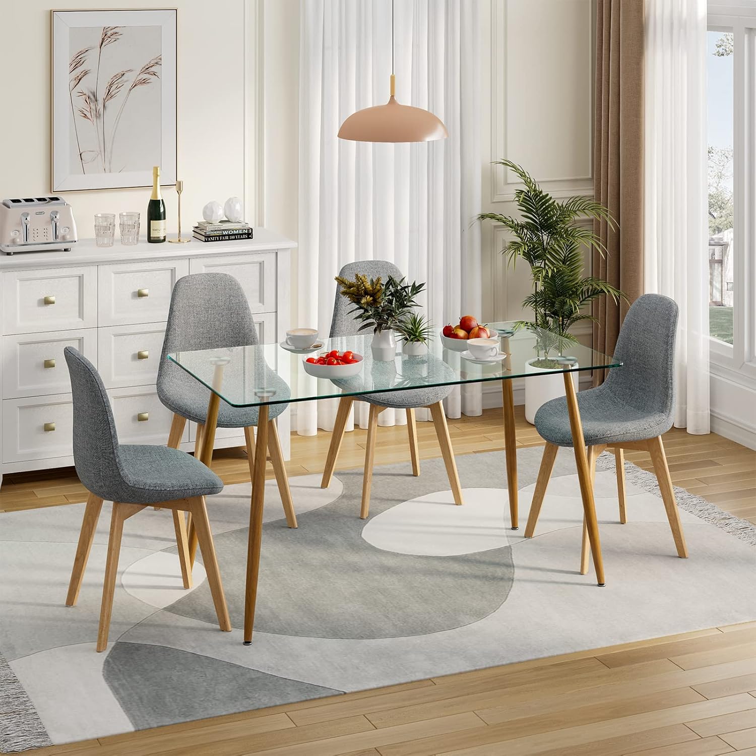Tangkula Glass Dining Table, Modern Rectangular Table with Tempered Glass & Black Steel Legs, Simplistic Kitchen Versatile Table for Home Office