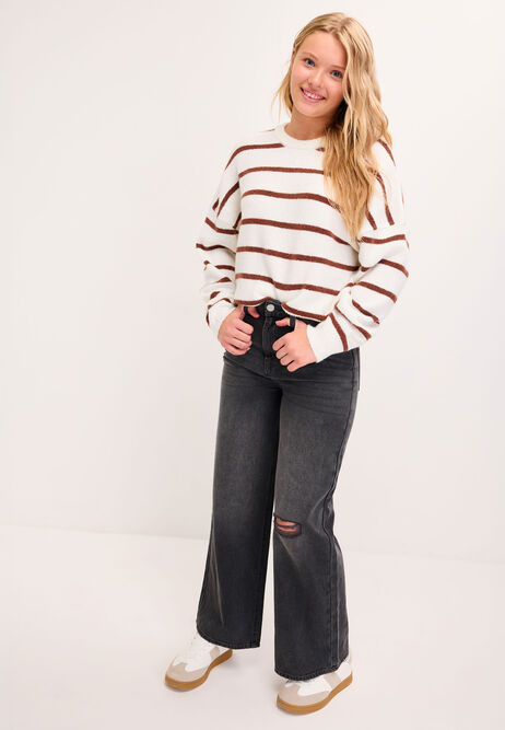 Older Girls Black Ripped Wide Leg Jeans