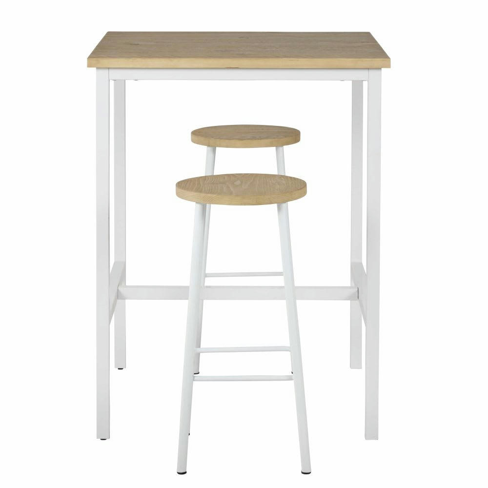 Wilbury - Table à manger haute L70 et tabourets H62 (x2) en épicéa et métal blanc 2 personnes