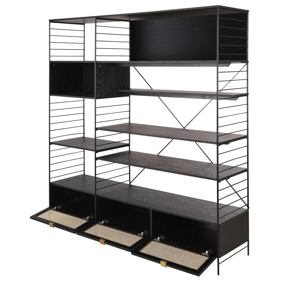 Loreto - Bibliothèque meuble TV 3 portes en métal noir et cannage en rotin