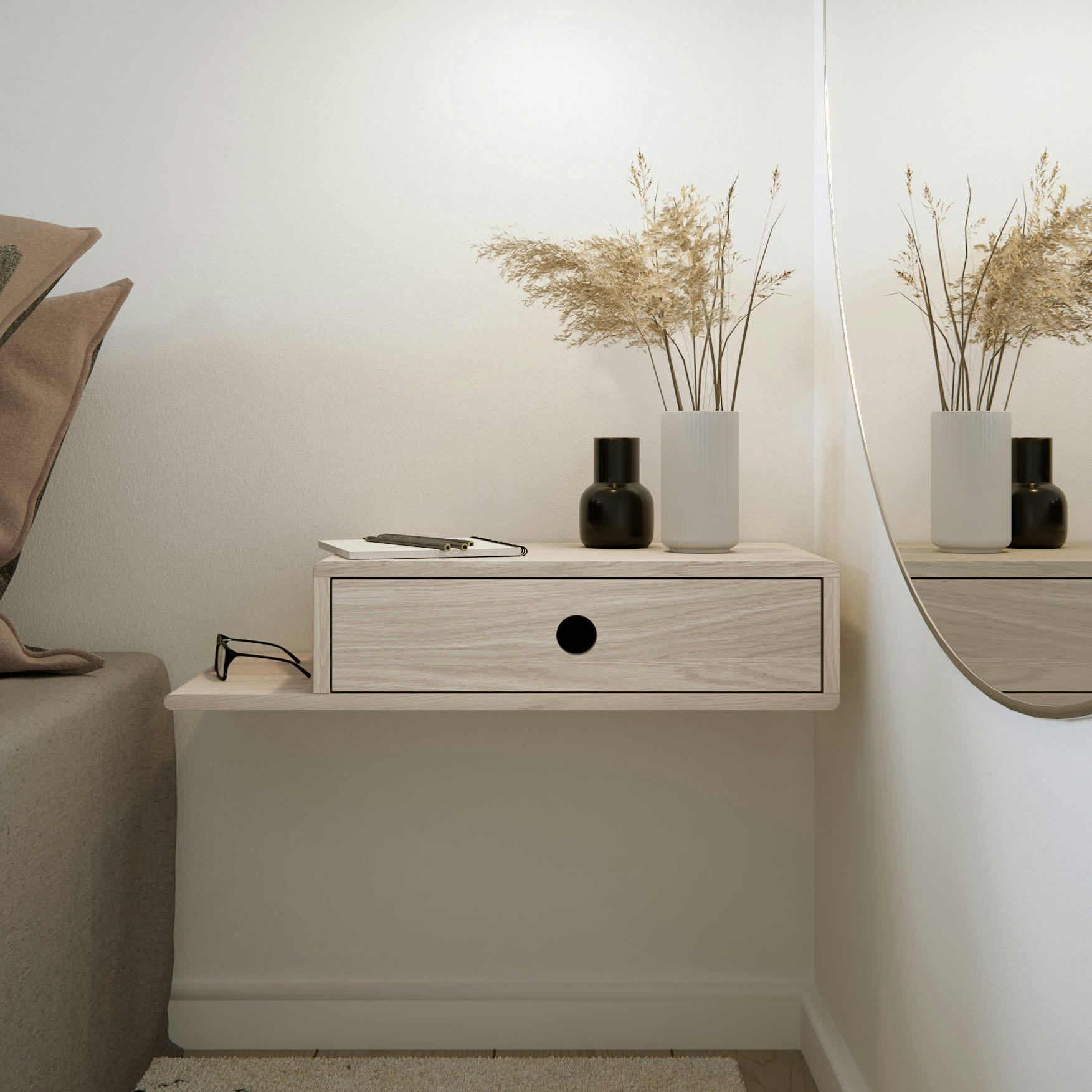 HOPE - Table de chevet avec étagère sur le côté gauche en bouleau blanc