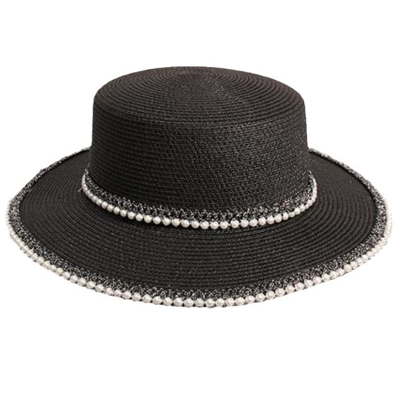 PEACH ACCESSORIES Boater Straw Summer Hat with Pearl Trim