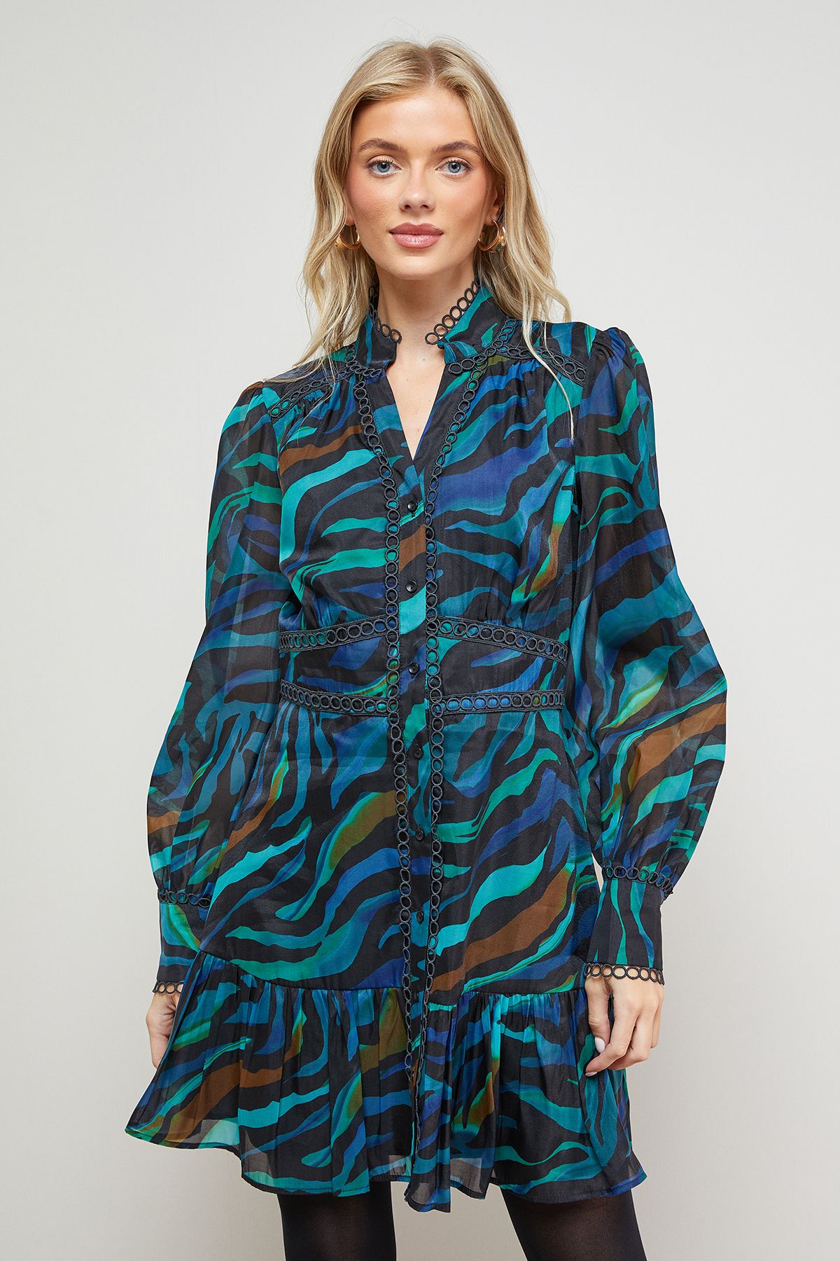 Oasis Printed Lace Trim Boho Shirt Mini Dress