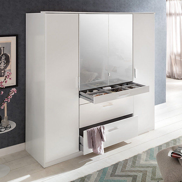 Armoire 4 portes dont 1 miroir, 4 tiroirs - L180 cm