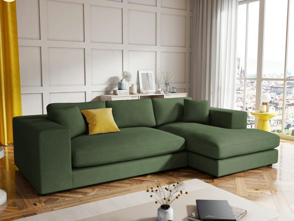 TENDANCE - Canapé d'angle 5 places en tissu structuré vert