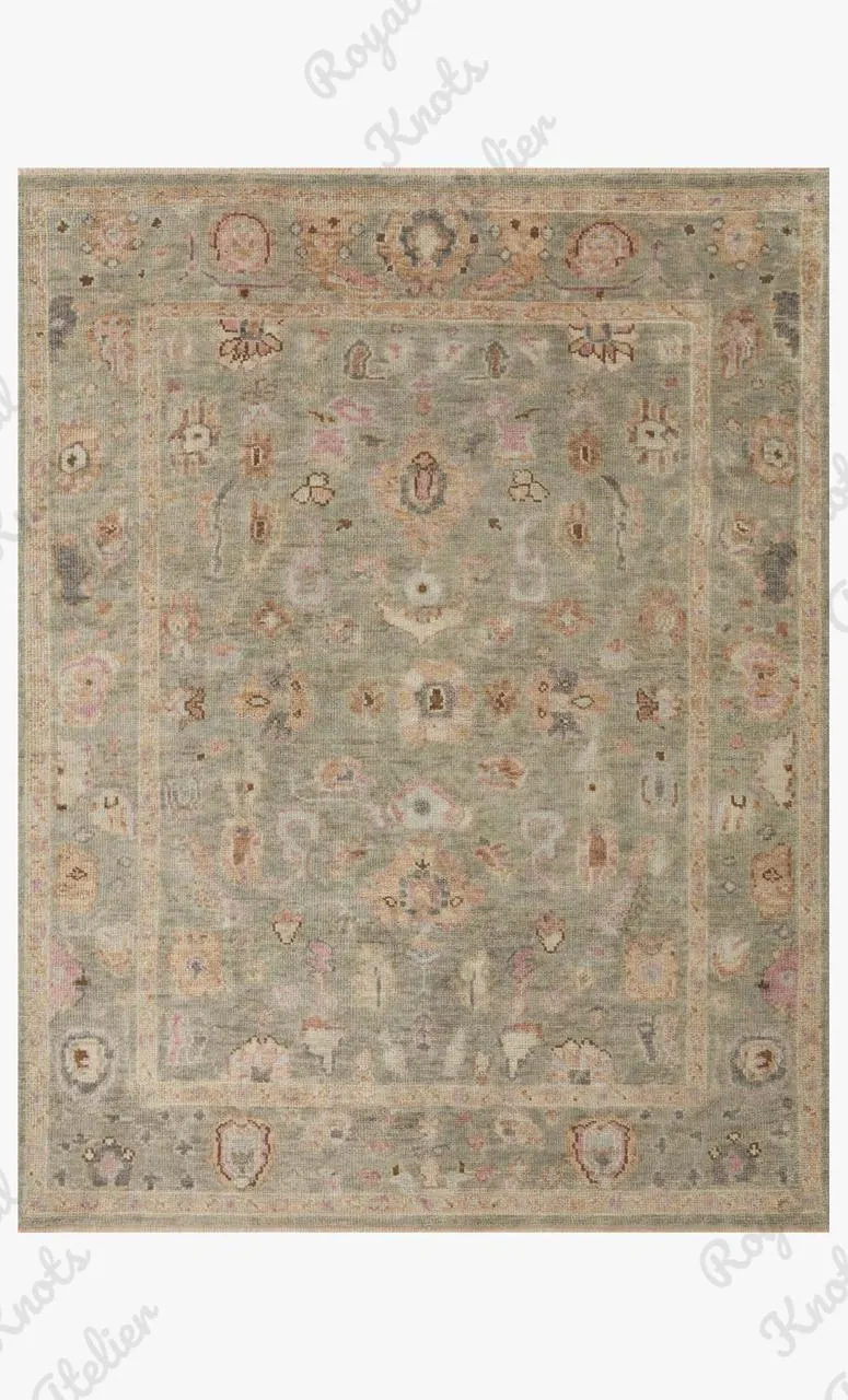 Hand knotted Sage Green Oushak Rug: Vintage Turkish Wool Carpet