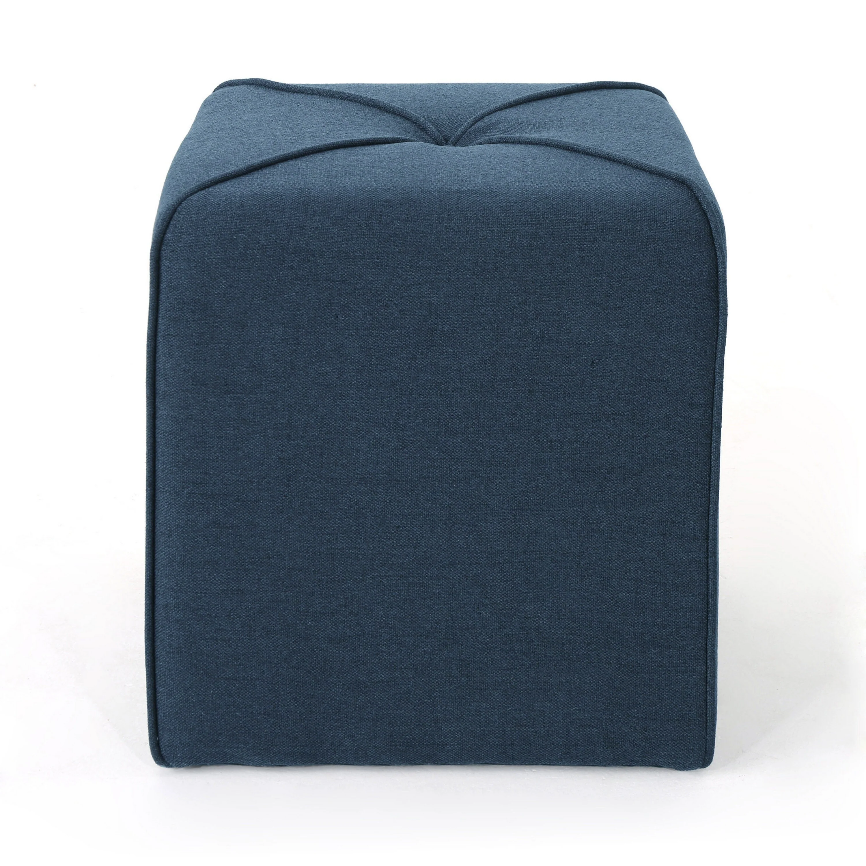 Liasa Ottoman, Navy Blue Fabric, Cube Shaped Plush Cushion, 17 Inch