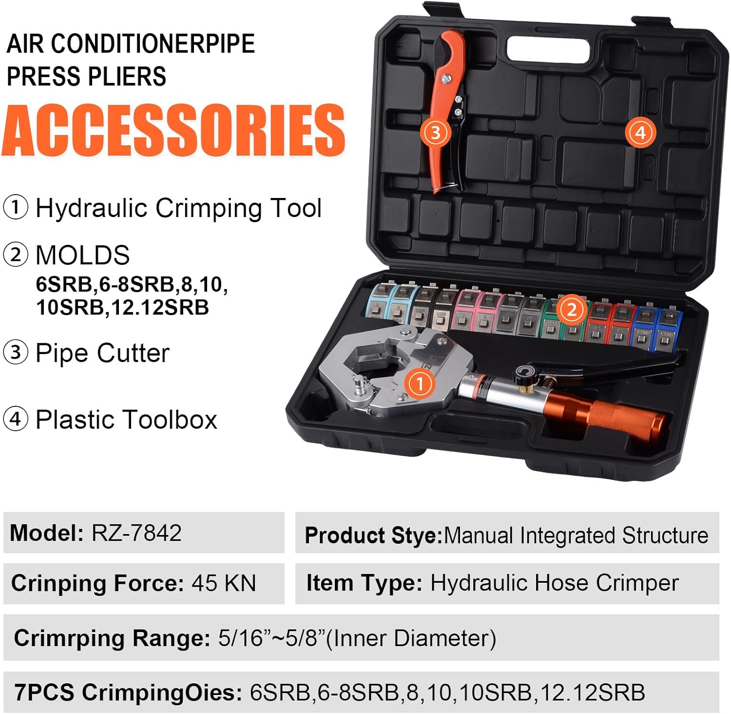 HZLZRZ Hydraulic AC Hose Crimper Kit - Manual A/C Hose Crimping Tool for BH Air Conditioner Hose & Beadlock Fittings, Includes 7 Dies for AC Repairs and Automotive HVAC (RZ-7842)