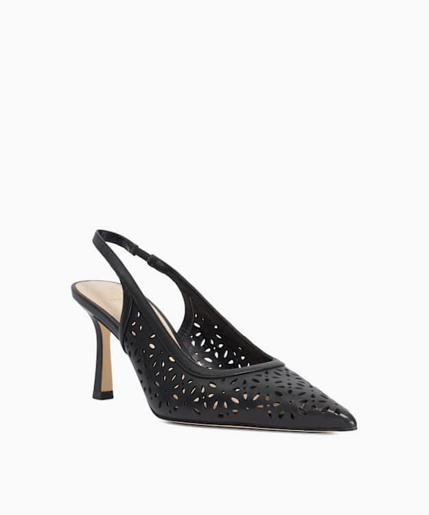 Corfu Black - Laser Cut Leather Sling-Back Heels