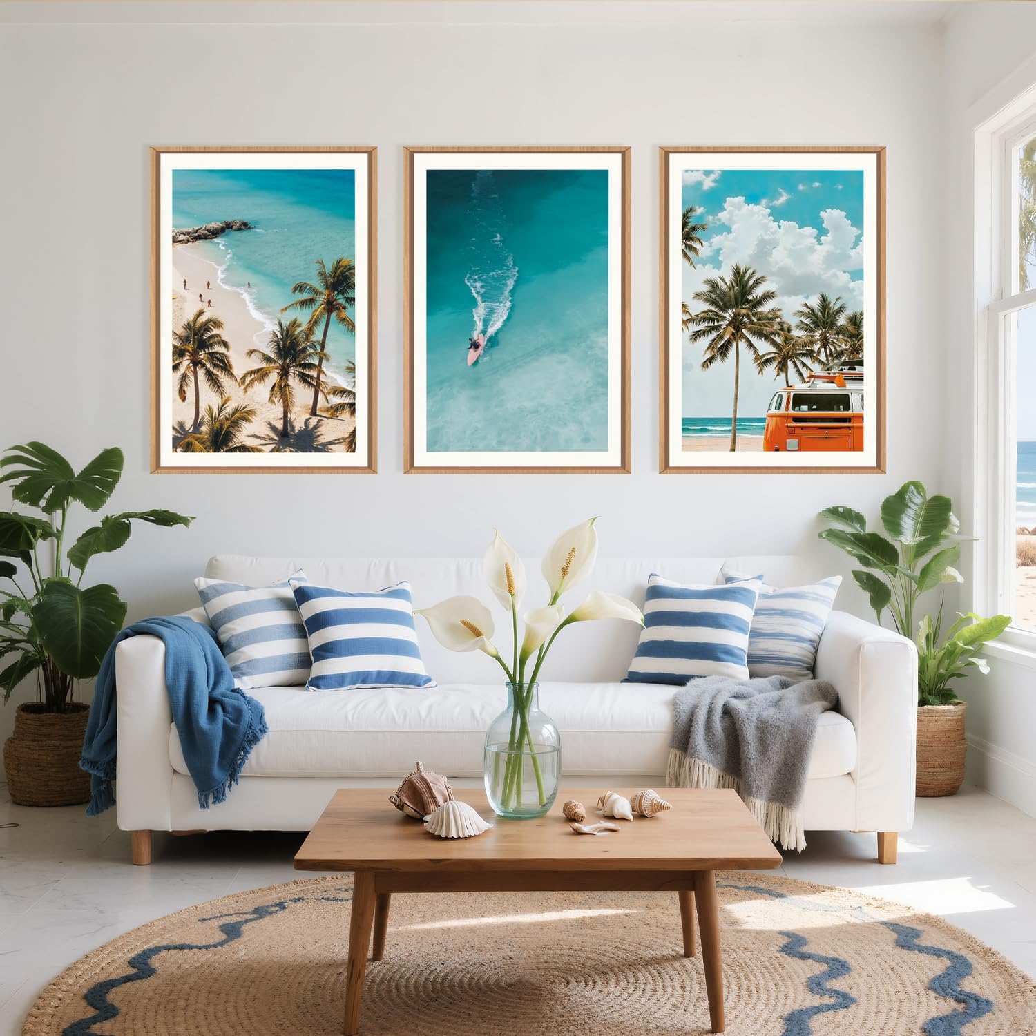 LHIUEM Large Nature Surfboard Beach Framed Canvas Wall Art,Summer Ocean Surfing Wall Decor,Palm Trees Wall Painting,Modern Picture Artwork for Living Room,Bedroom,Dining Room,Office -16x24x3
