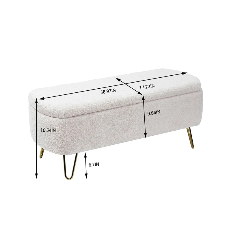 39 White Boucle Storage Ottoman Bench for Living Room Bedroom,Sherpa Storage Bench Ottoman Foot Rest for Bedroom Oval Gold Leg
