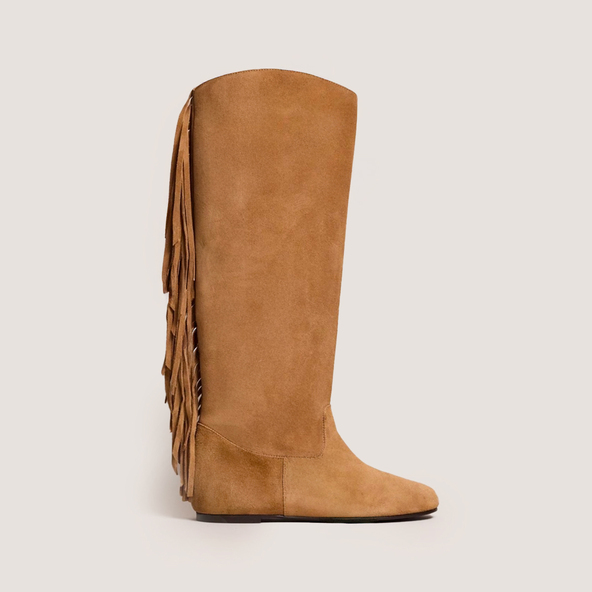 Bottes à franges et bouts rondsen croute beige foncé | DALILA