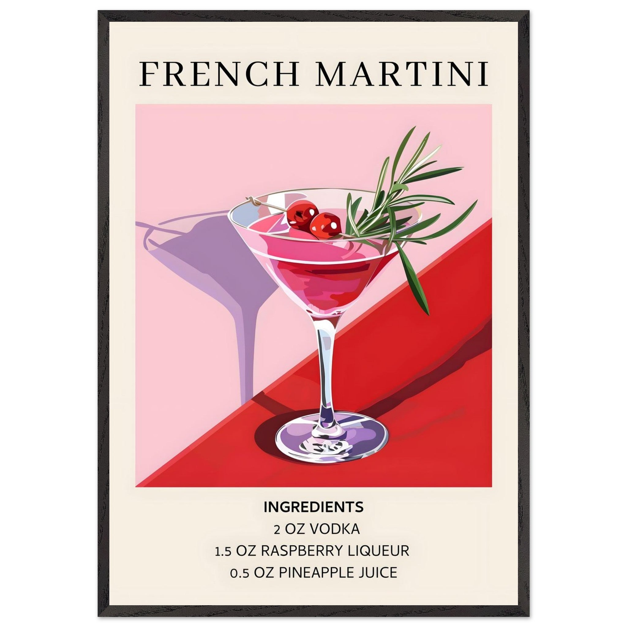 Artfulprints Poster met Lijst French Martini cocktail - Ingrediënten  - 70x100 cm - Roze