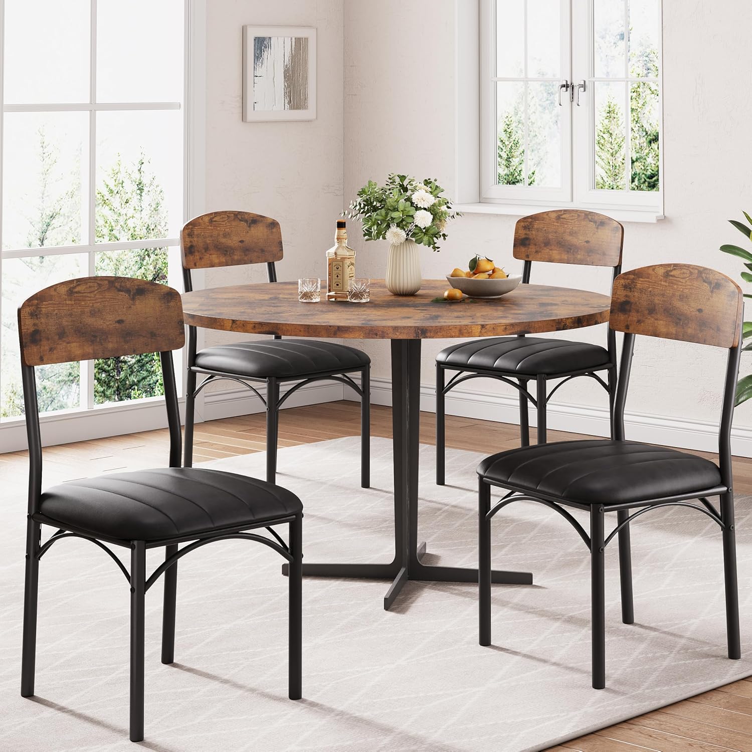 Jocoevol Dining Chairs Set of 4 - Upholstered Dining Room Chairs with PU Leather, Industrial Kitchen Chairs with Wooden Backrest and Thickened Metal Legs, for Dining Room, Living Room (Vintage)