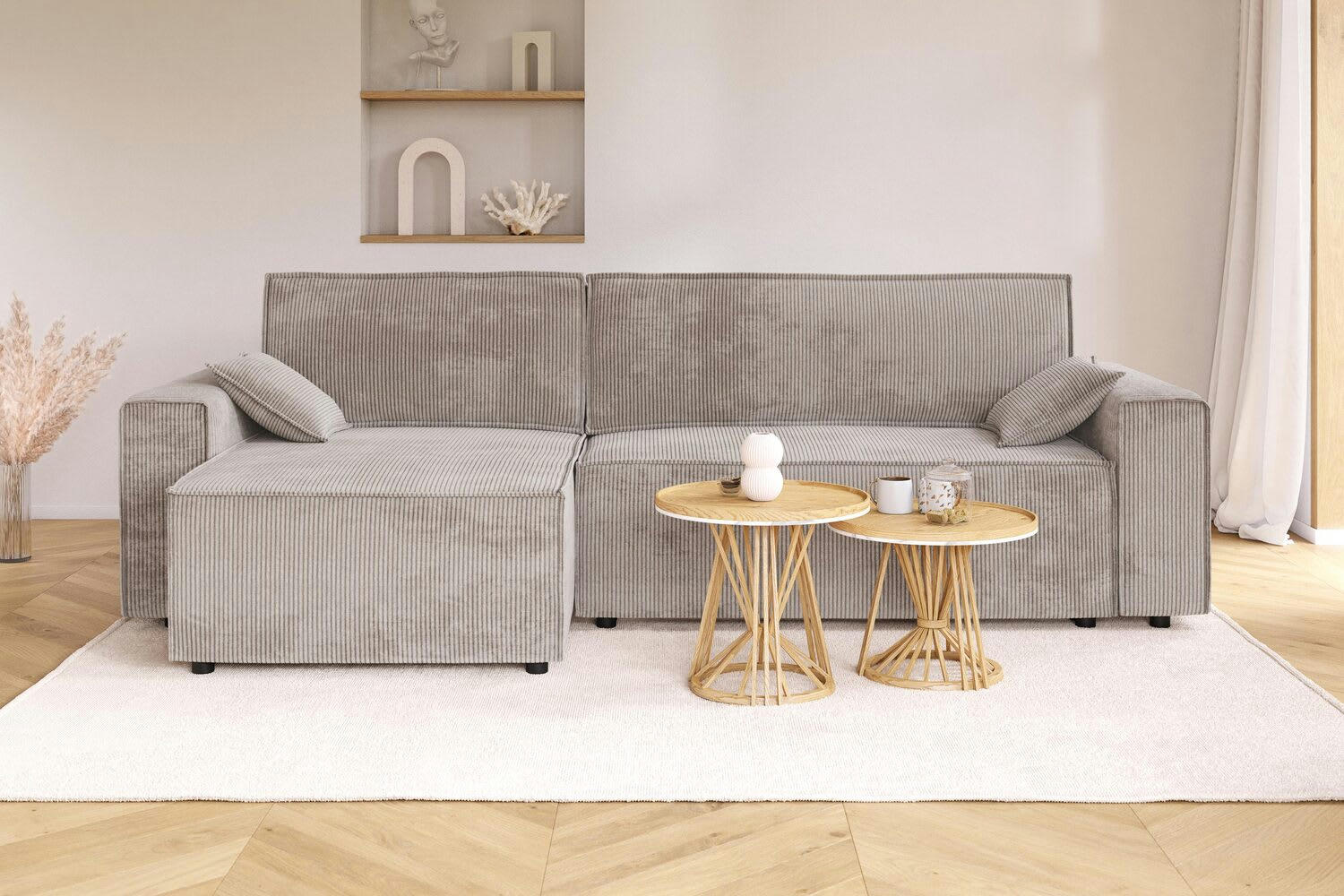 MARIUS - Canapé d'angle convertible en velours côtelé 4 places grège