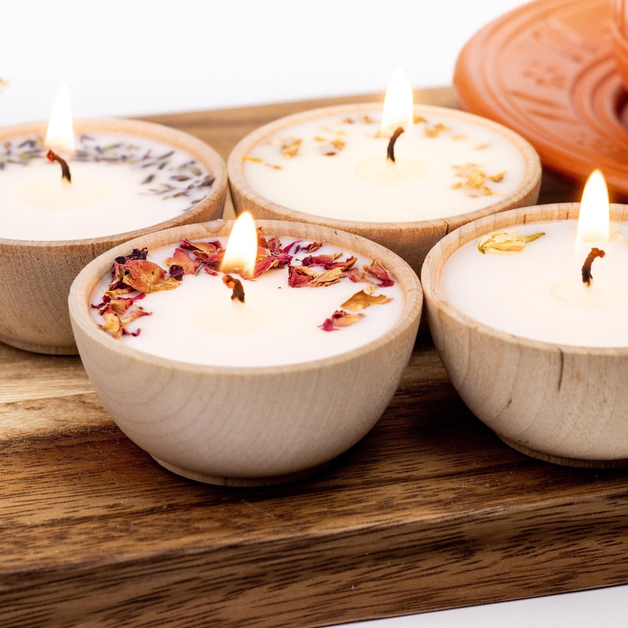 Essential Oil Votive Candles | Set of 4 Soy Candles in Wooden Bowls | Aromatherapy Sampler Gift Set | Handmade Non-Toxic | Megan's Pantry
