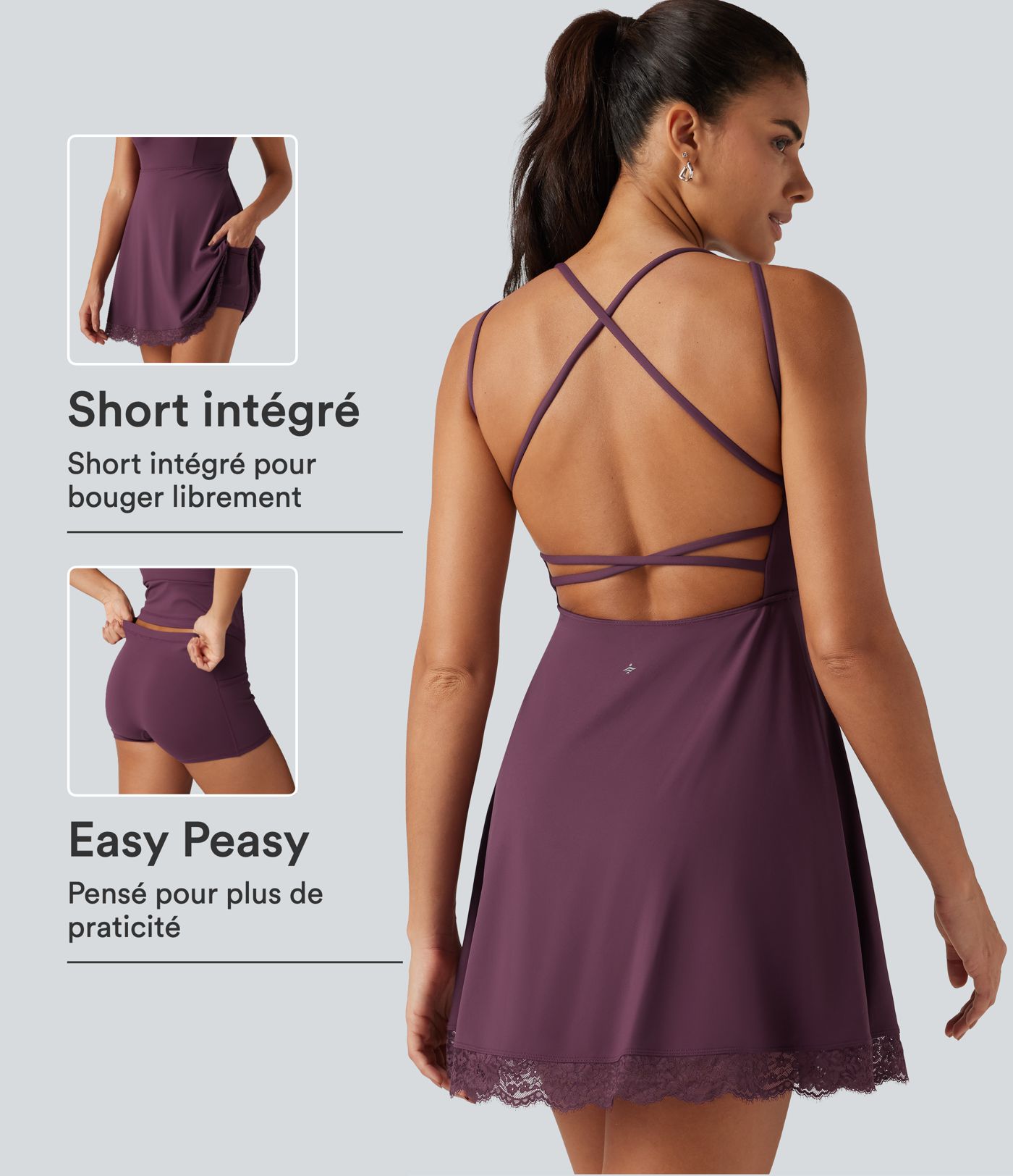 Robe-short mini de danse SoftlyZero™ Airy InstantCool à encolure en V, dentelle contrastée et coussinets amovibles avec poches – Easy Peasy
