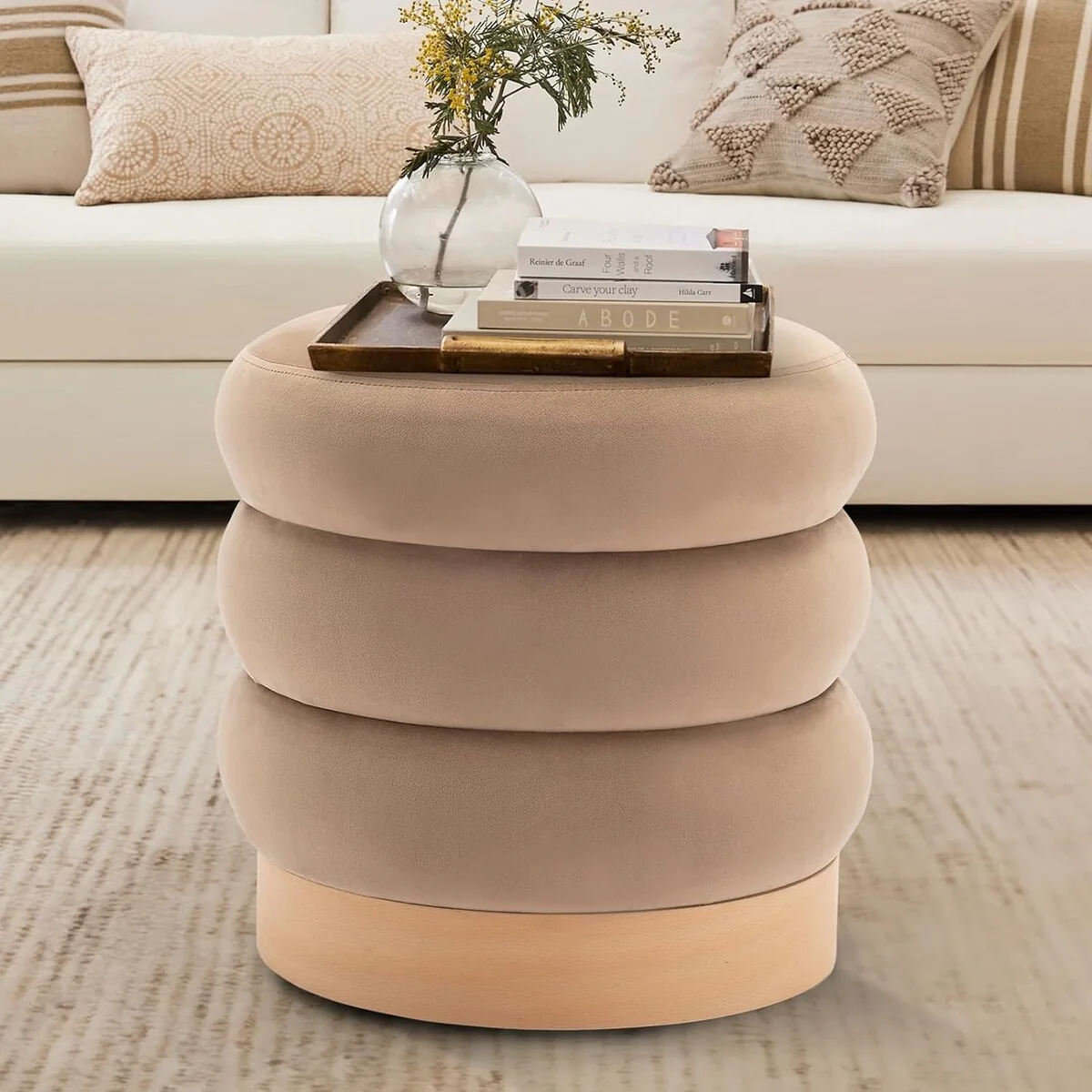 Modern Velvet Tufted Ottoman Footstool with Wood Base