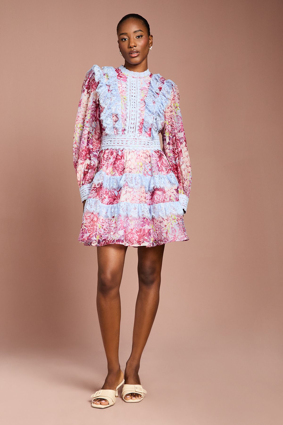 Coast Printed Long Sleeve Lace Trim Mini Dress