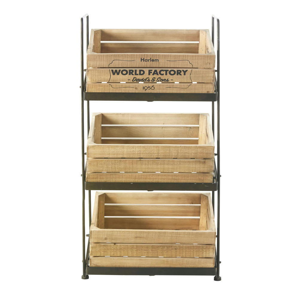 WORLD FACTORY - Fruitier en métal noir effet vieilli 3 caisses en pin et sapin
