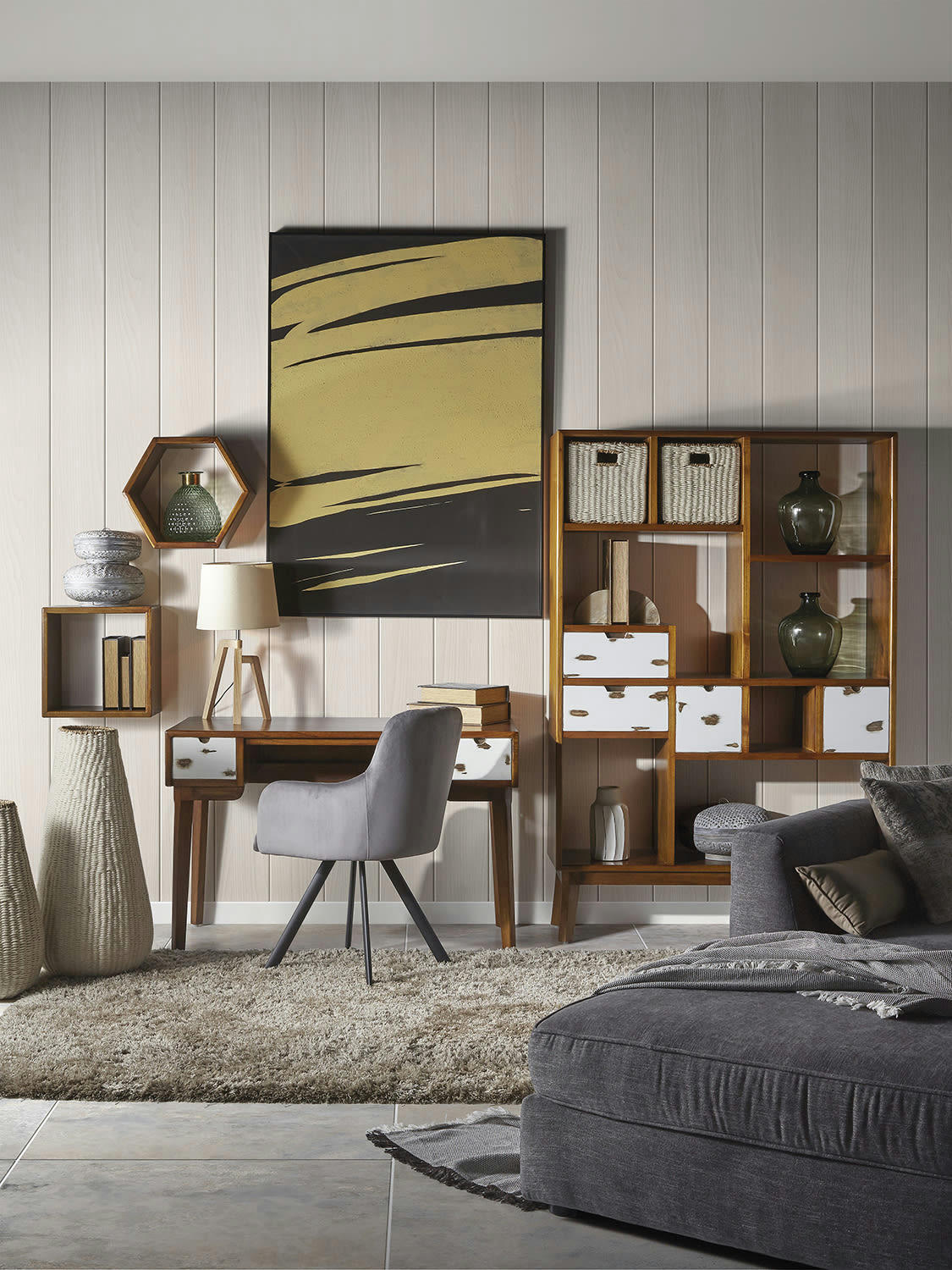 NORDIC - Bibliothèque en bois de mindi bicolore blanc et marron H180