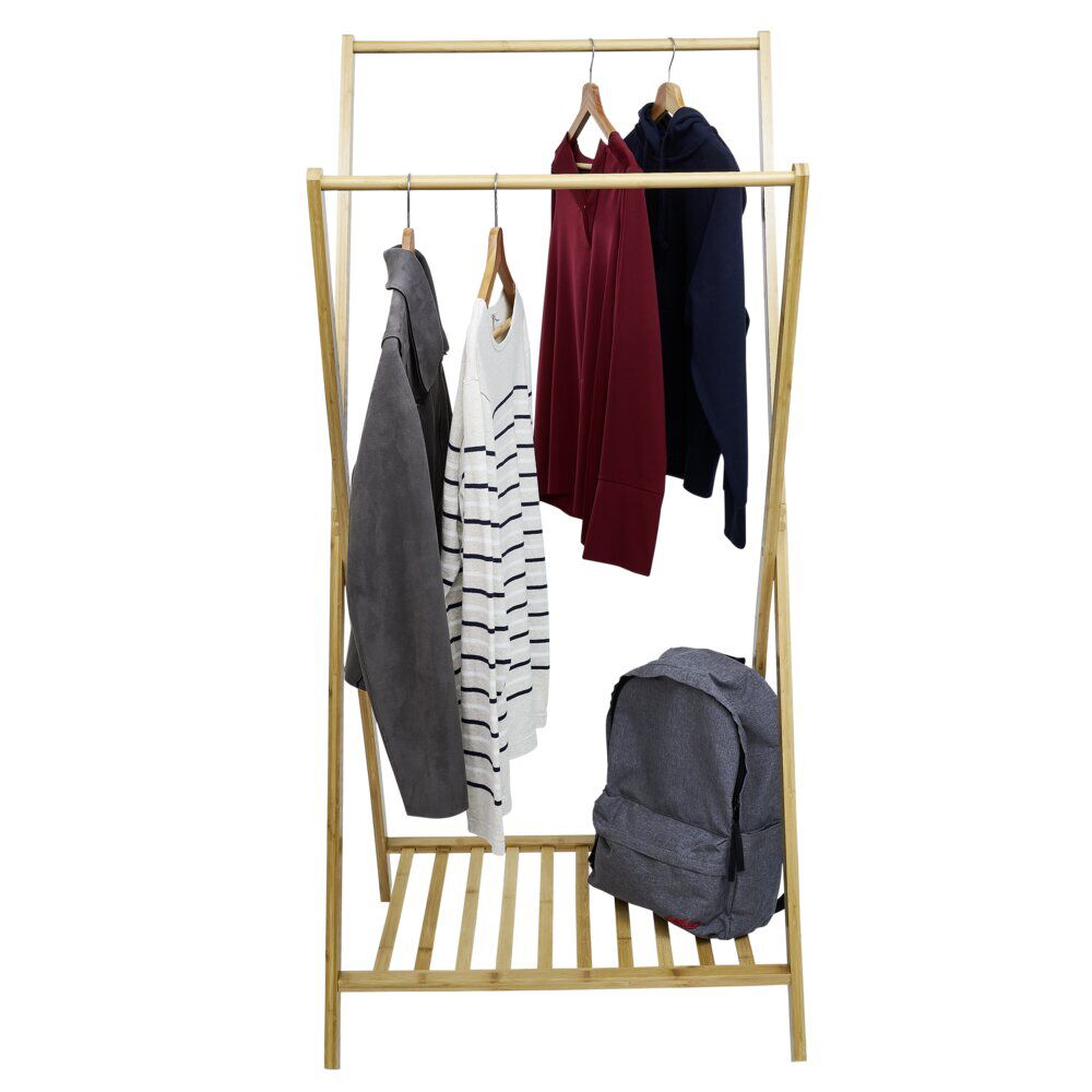 Portant double en bambou avec étagère pour accessoires 70x55xH150cm