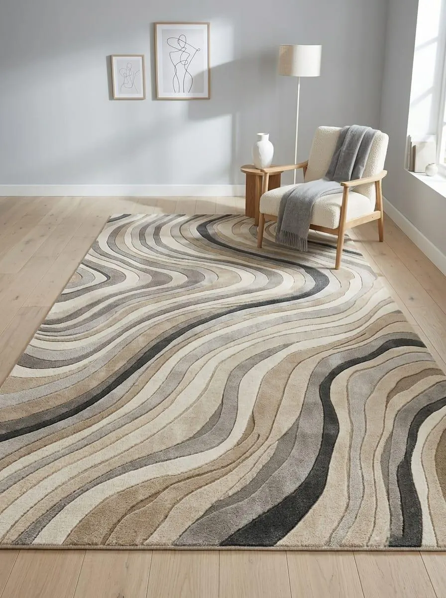 Modern Abstract Wool Rug, Hand Tufted Wave Pattern Area Rug, Beige Ivory Gray Carpet, Minimalist Living Room Decor