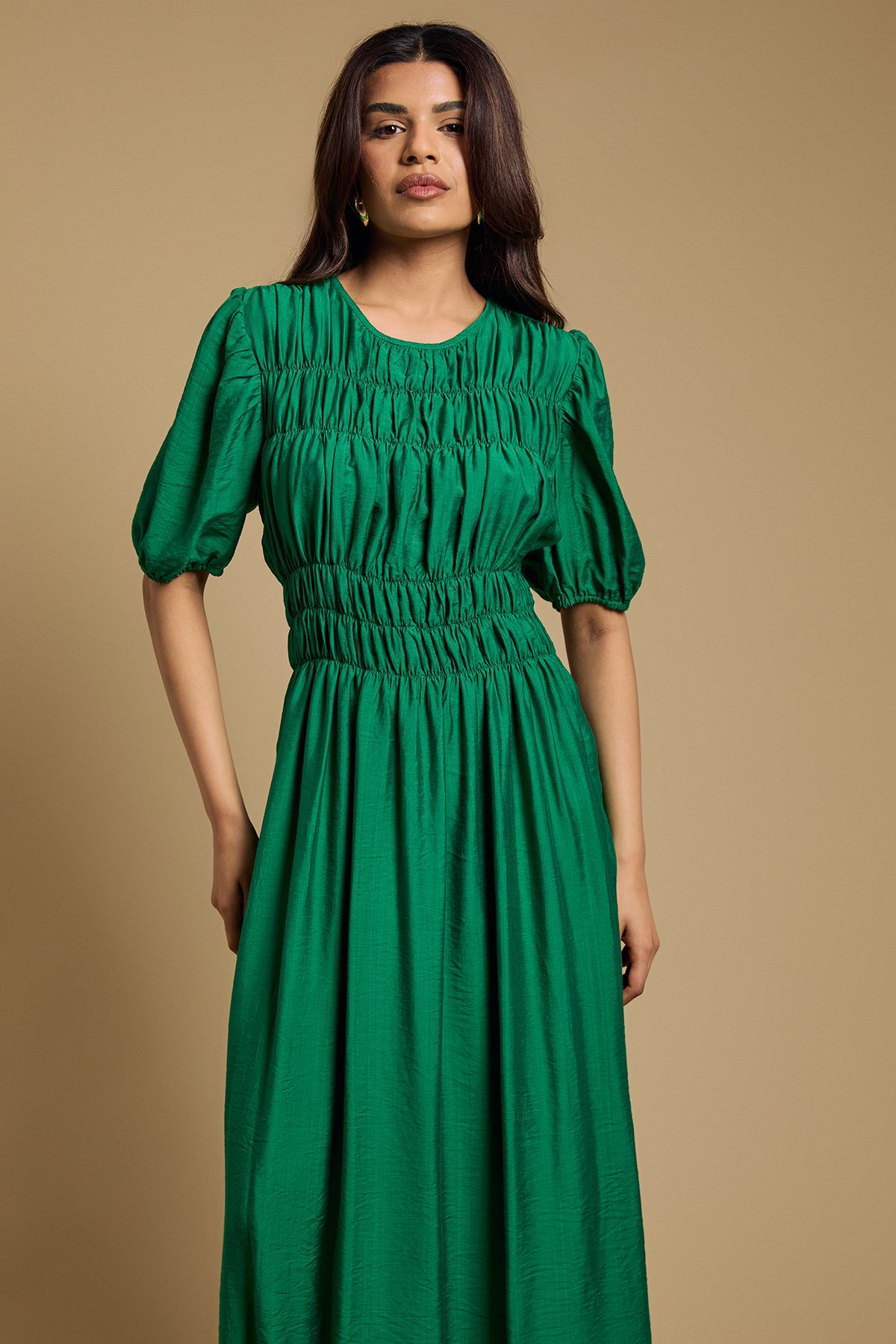 Oasis Petite Shirred Bodice Puff Sleeve Midi Dress