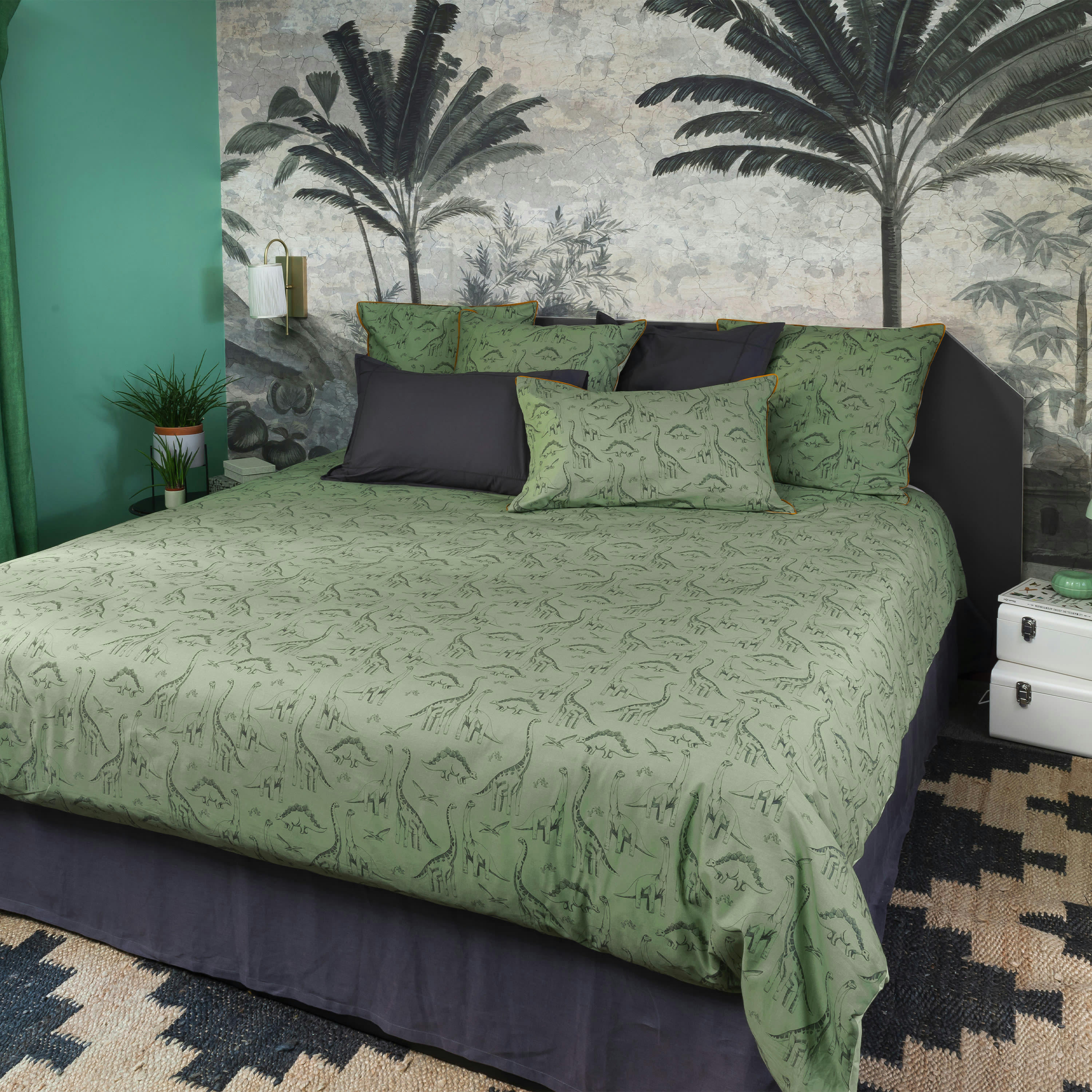 DINOTOPI - Housse de couette réversible pur coton bio kaki  vert 200x200