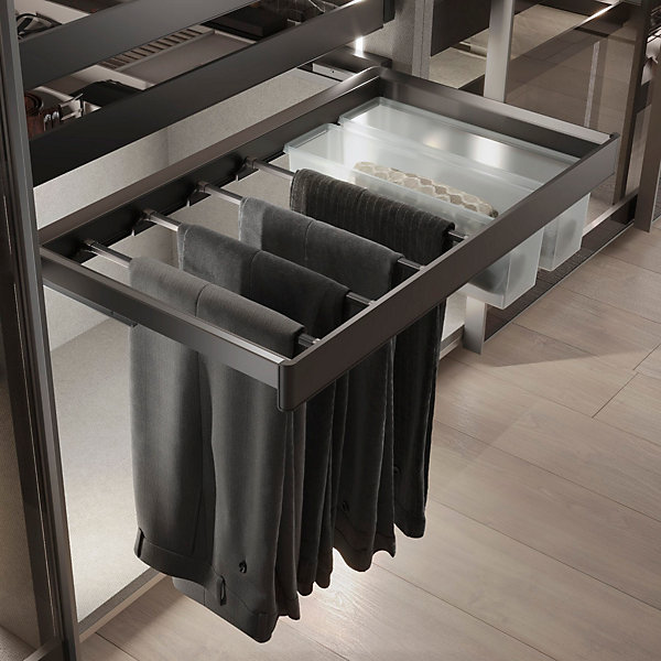 Emuca Kit de porte-pantalon à 7tringles et rack ajustable Quartz pour armoires, glissières extension totale et à fermeture douce,