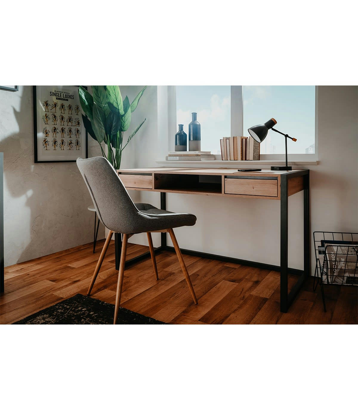 DENVER - Bureau Mural Industriel 2 tiroirs L120 cm - Décor Bois Clair