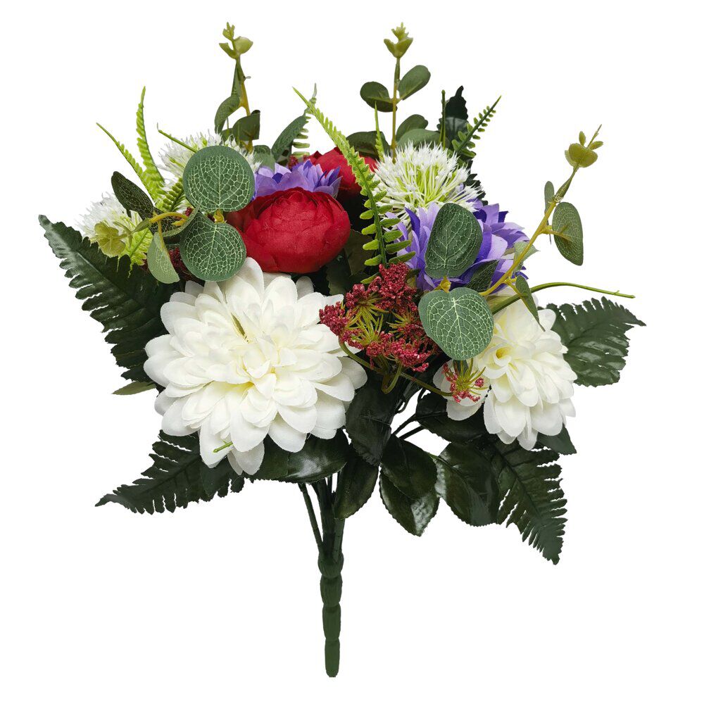 Fleur artificielle piquet dalhia/camélia/eucalyptus rouge blanc violet 23 têtes