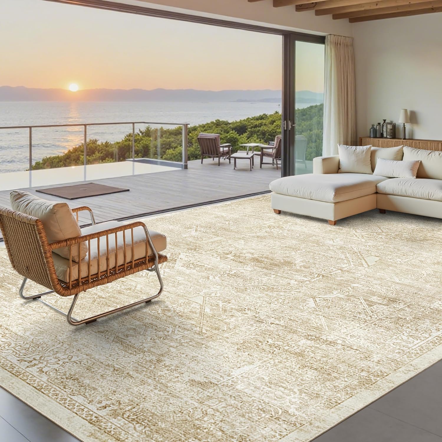 Soalmost Washable Area Rug 9x12, Large Soft Rugs for Living Room Vintage Beige Rug 9x12 Area Rugs for Bedroom Dining Room Floral Non-Slip Thin Rug