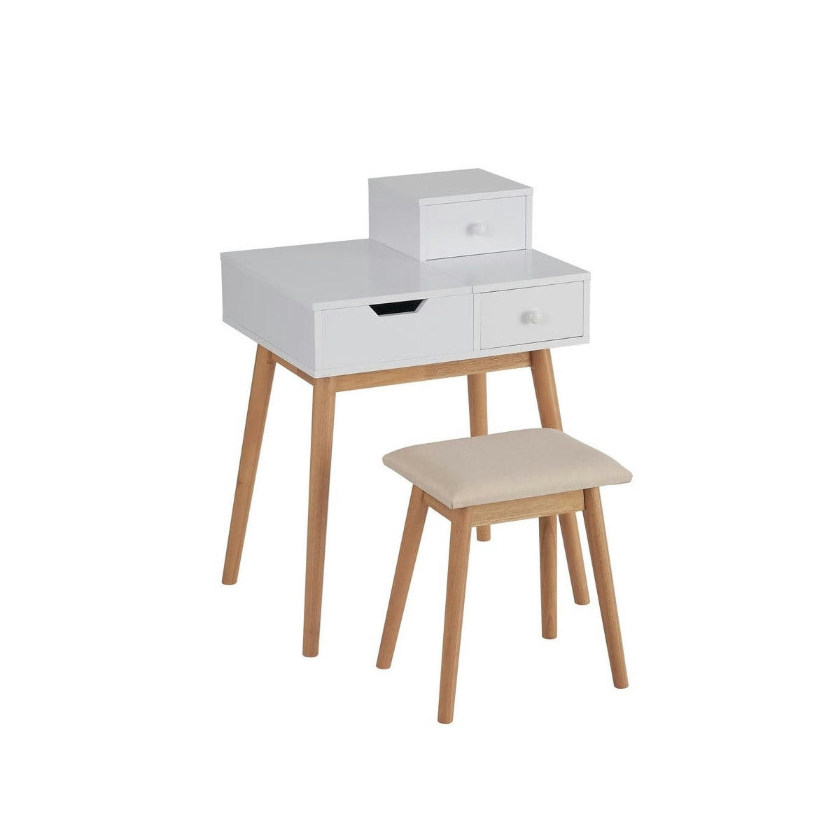 - Coiffeuse bicolore bois et blanc avec miroir + tabouret 60x49,5x85cm