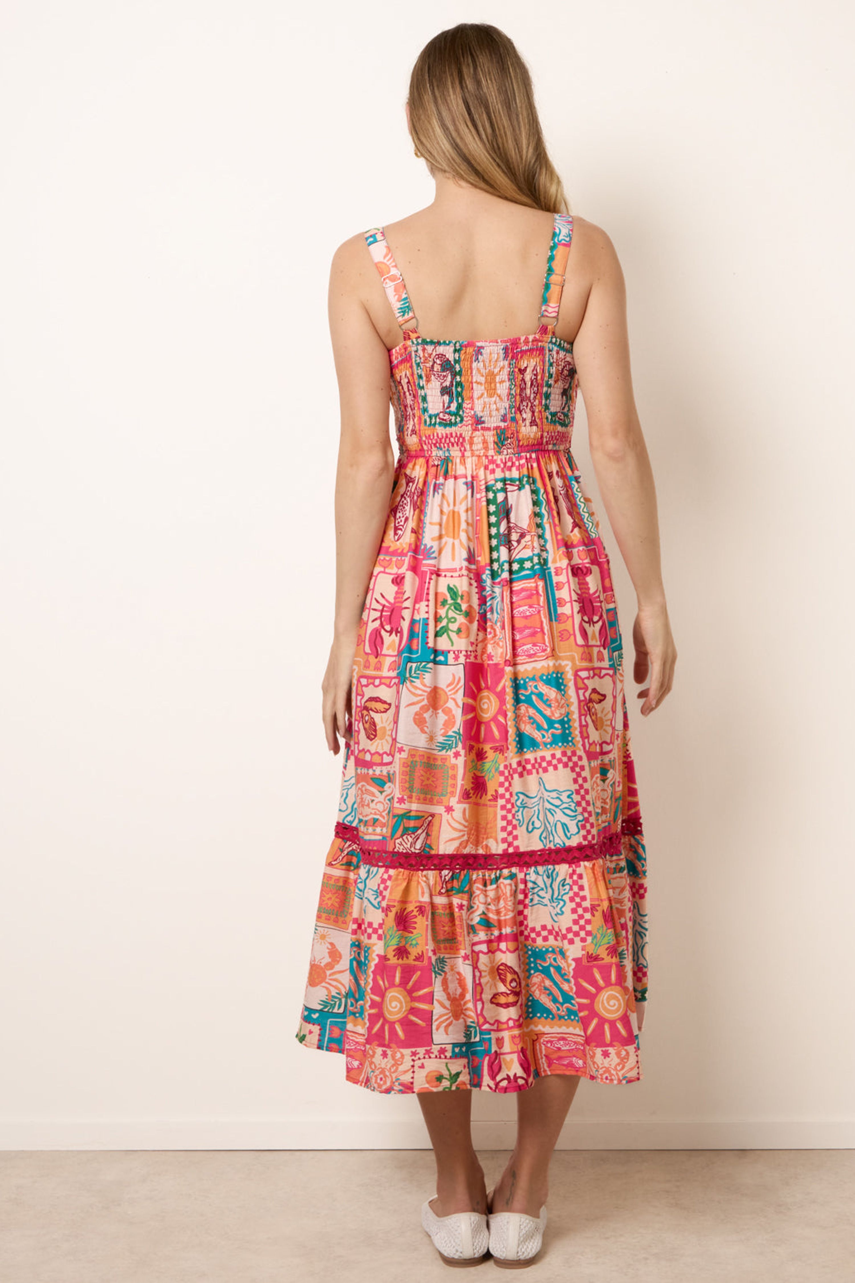 Blue Vanilla Orange Ric Rac Trim Postcard Print Dress