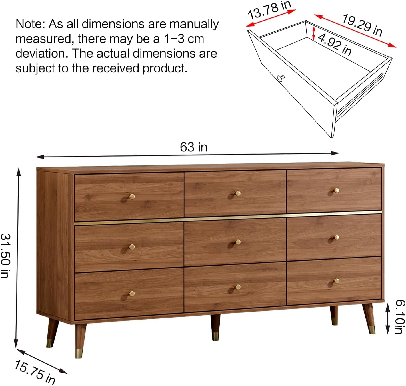 9 Drawer Dresser,63 Wide Mid Century Modern Chest of Drawers,Wooden Bedroom Drawer Dresser with 9 Storage Drawers for Bedroom, Living Room,with Anti-Tipping Device,Walnuts
