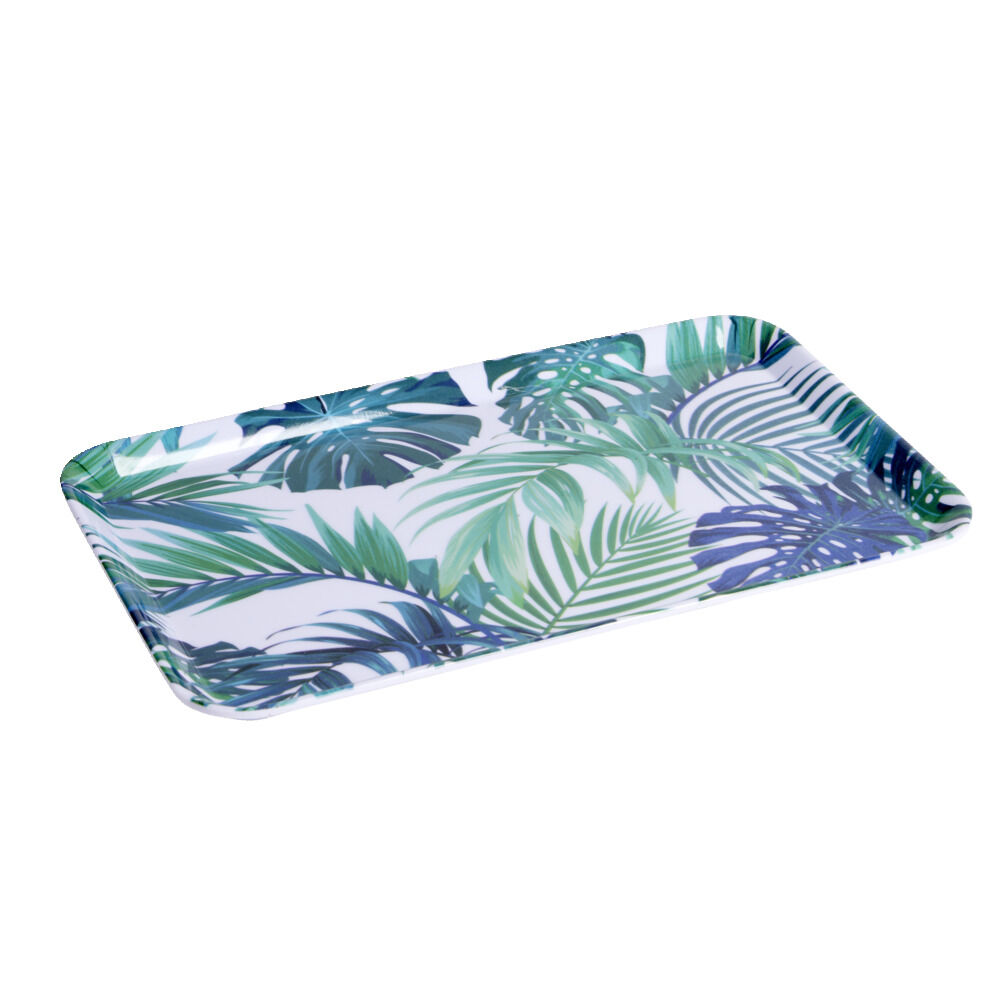 Plateau rectangulaire mélaminé feuillage exotique blanc et bleu 19x30cm
