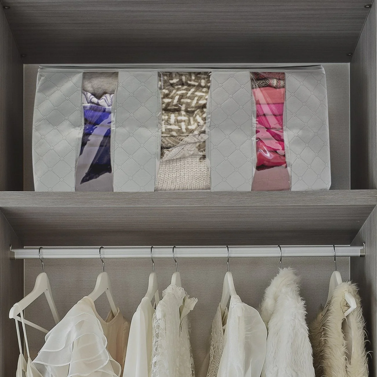 Foldable Fabric Storage Organizer Bag 3 Sectional (Pack of 2, Grey)