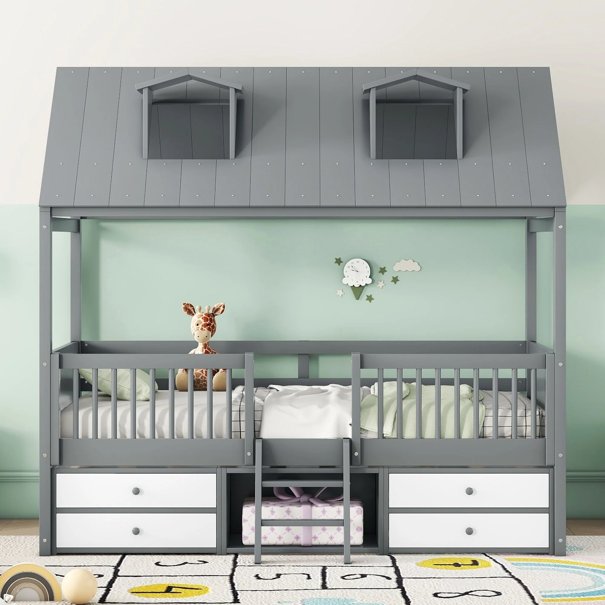 Twin Size Wood Bed House Bed Frame w/ Ladder, Safety Guard Rails, White